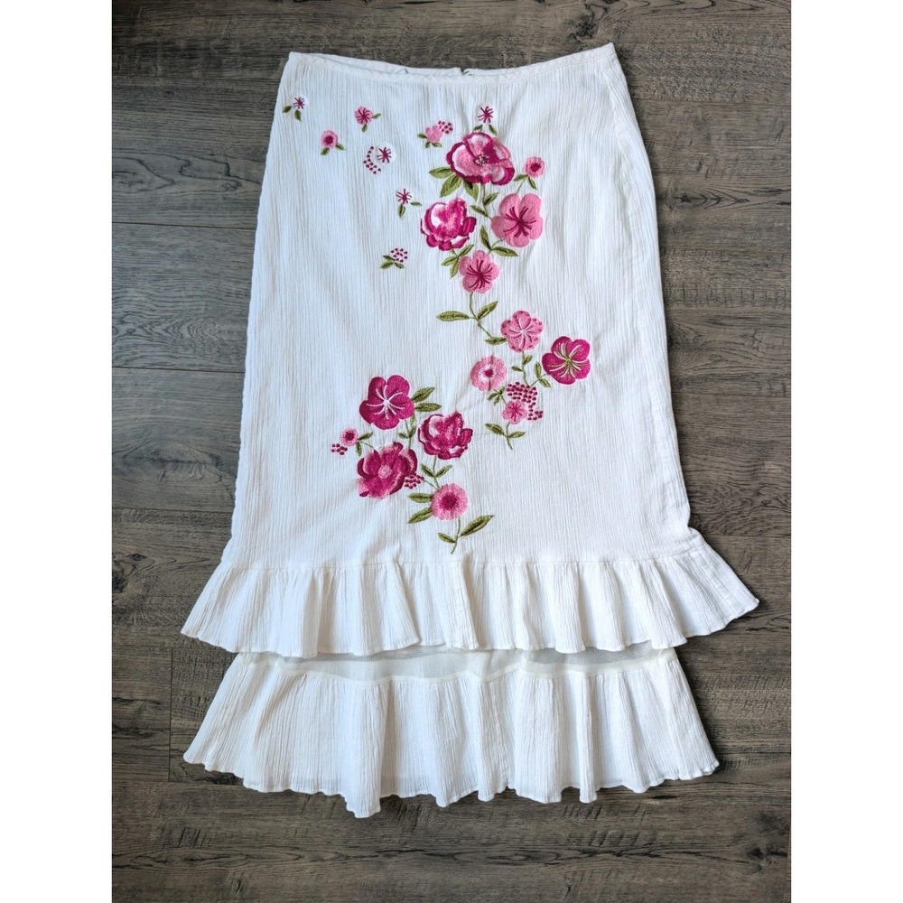 CLIO Boho White Crinkle Cotton Embroidered Floral Maxi Skirt Sz 4 Cottagecore